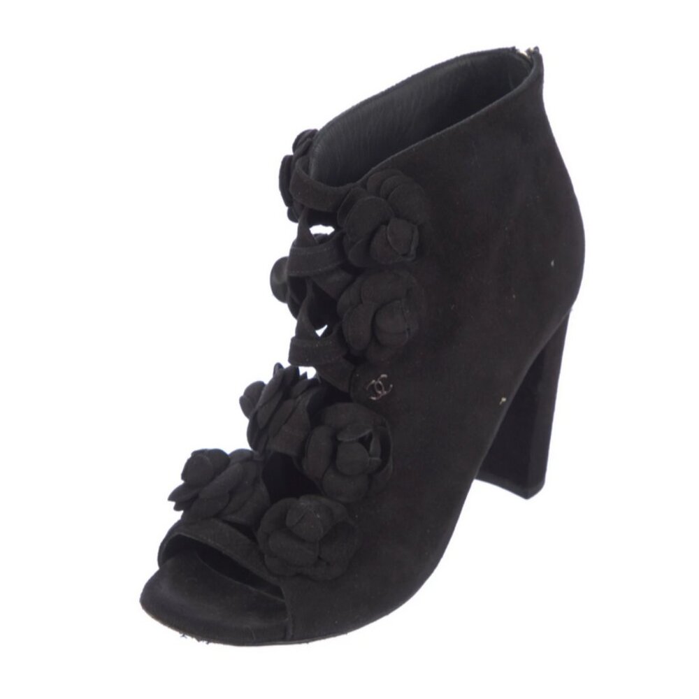 🖤 CHANEL 2017 Camellia Black Suede Peep Toe Boots CC Logo Karl Lagerfeld 38.5 - Picture 5 of 13